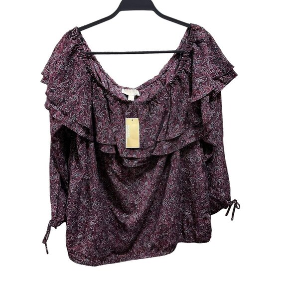Michael Kors Womens Size 3X Burgundy Off Shoulder‎ Paisley Ruffle Top Blouse NWT - Picture 1 of 9